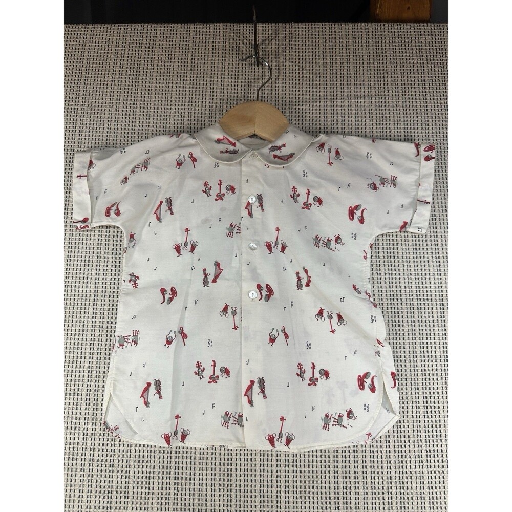Vintage Children’s Button Down All Over Music Pattern Peter Pan Collar Sz 4T